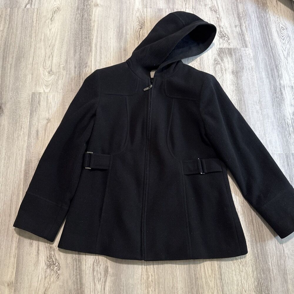 Croft & Barrow Wool Blend Womens Coat Size Large With Hood Zip Front Black